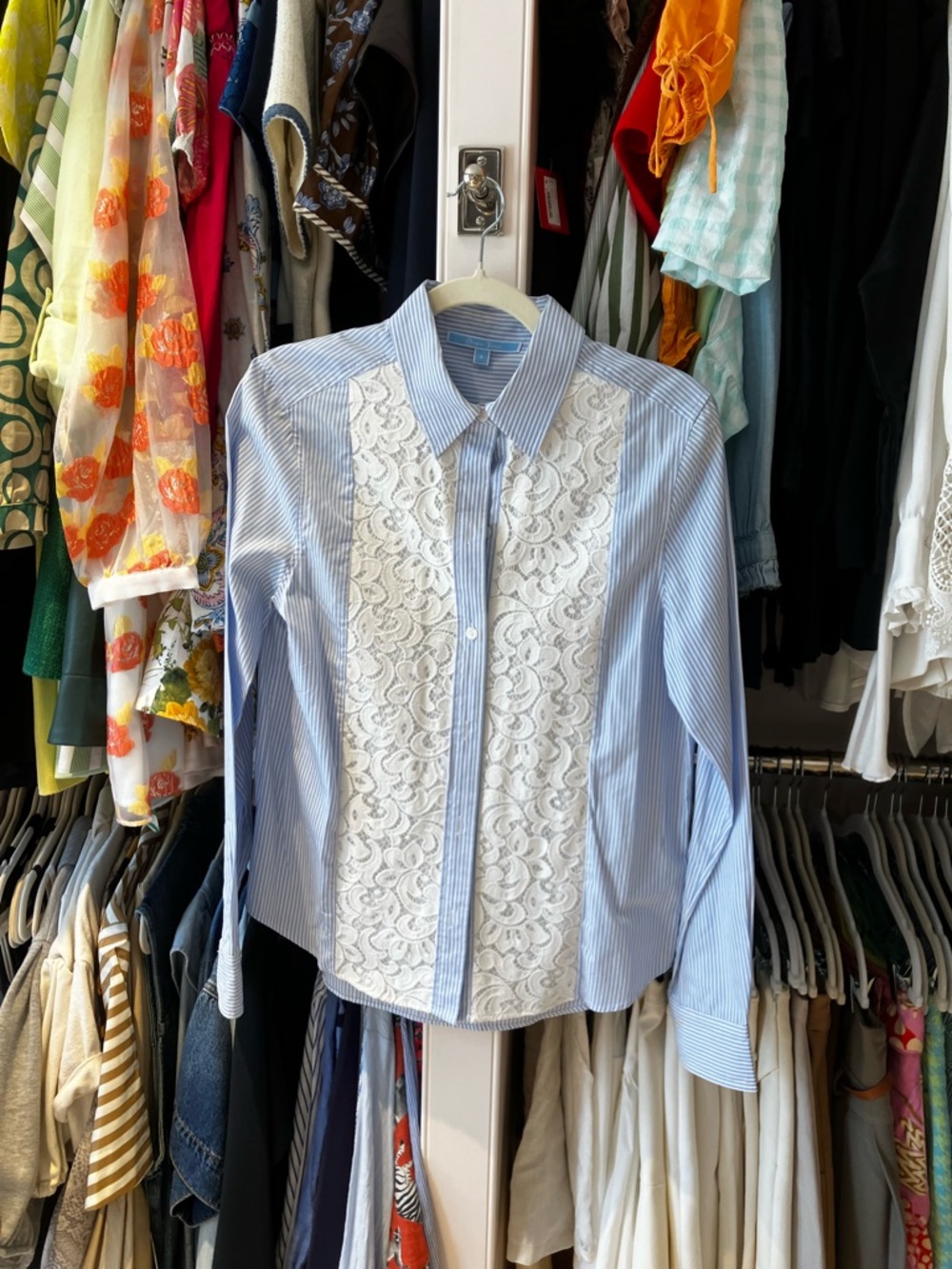 Draper James- Women's Lace-Front Striped Button-Up Shirt - Light Blue